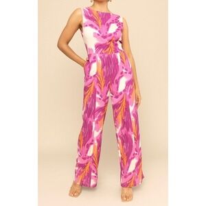 Mixed by Nasrin Magenta Floral Wide Leg Sleeveless Jumpsuit Pockets Sz XL